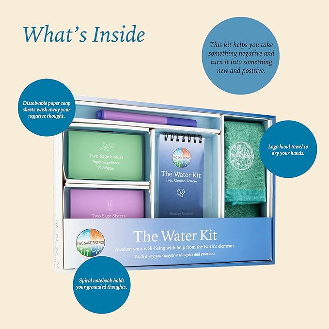 The Water Kit by Two Sage Sisters - Self Care Kit with Soap Sheets, Notebook, Marker, and Washcloth, Bath Shower Sets for Meditation and Relaxation, Mini Spa Kit Self Care Box for Women and Men-Velvo Beauty