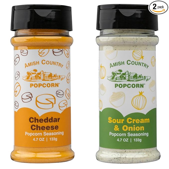 Amish Country Popcorn | Seasoning Variety Pack | Sour Cream and Onion & Cheddar Cheese Popcorn Topping | 2 Pack Flavor Variety Bundle | Old Fashioned, Non-GMO and Gluten Free-Velvo Beauty