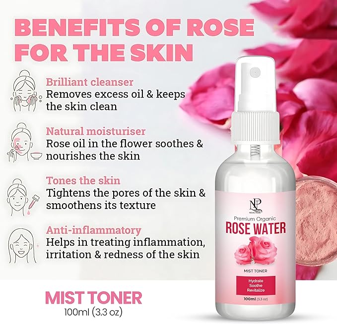 Rose Water 100ml, Refreshing Facial Mist for All Glowing Skin and Hair Types (Pack of 1)-Velvo Beauty