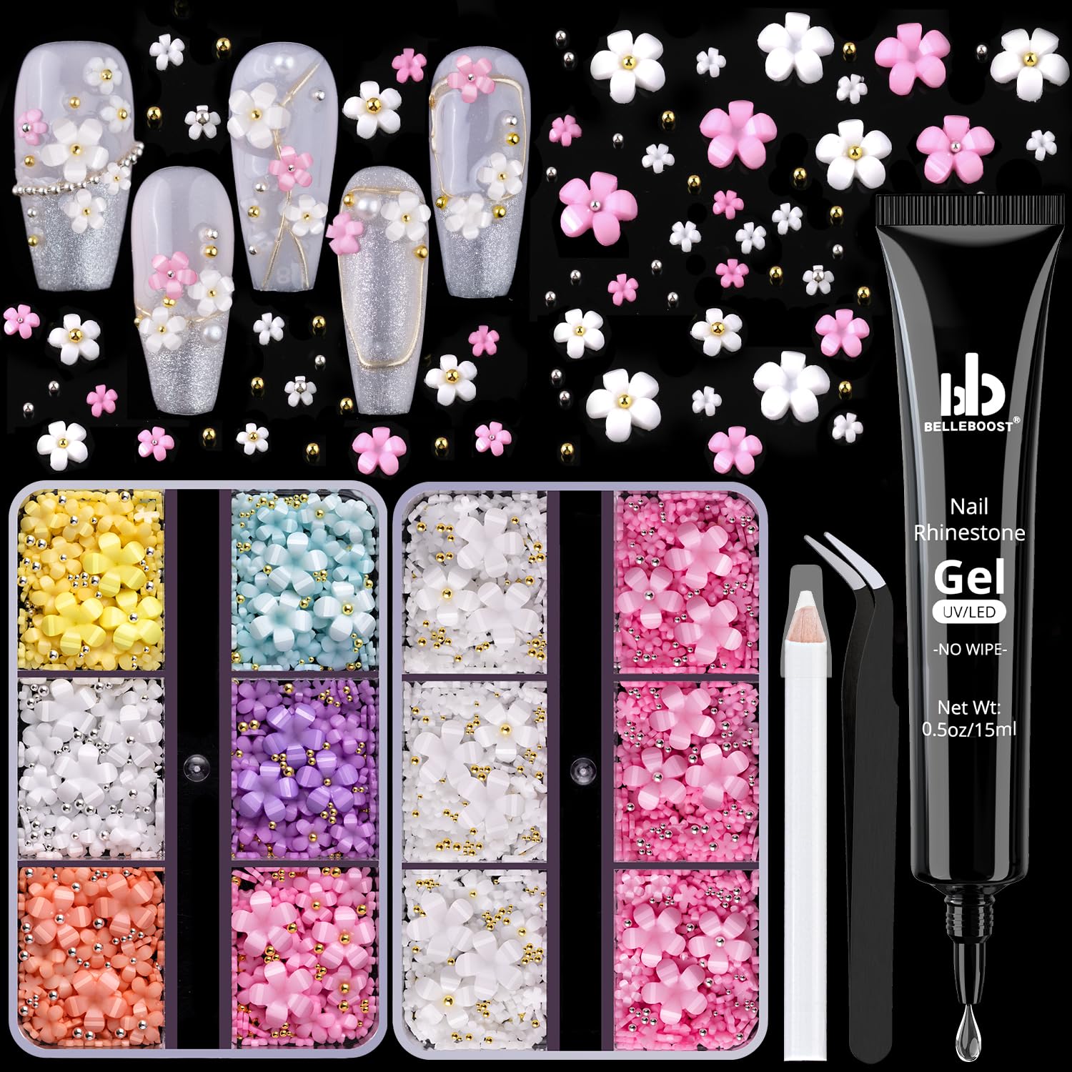 3D Flowers, Manicure Kit with Nail Rhinestone Glue Gel, Colorful Acrylic Flower Nail Charms with Caviar Beads, Rhinestones for Nails with Gem Glue for Nails (UV/LED Needed) with Dotting & Pickup Tools-Velvo Beauty