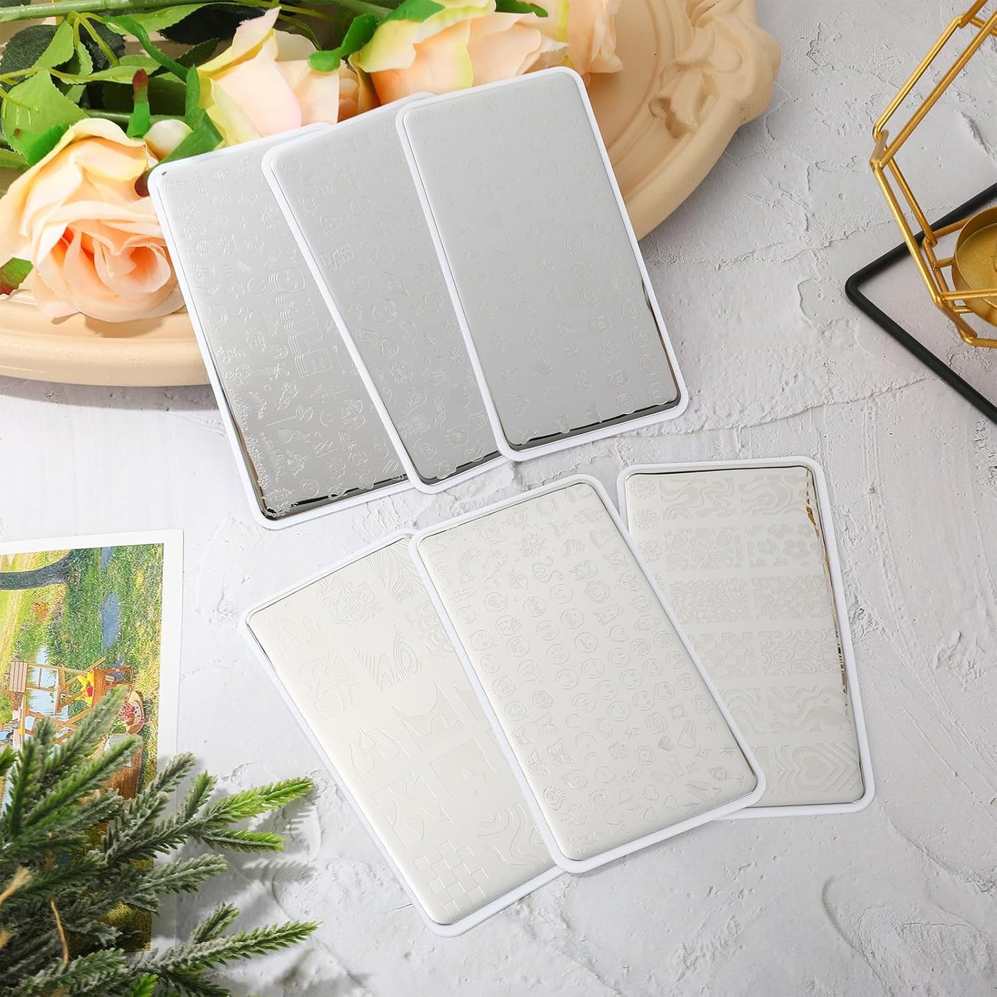 Whaline 6Pcs Smile Face Nail Plates Stamping Set Heart Butterfly Star Flower Smiling Stamp Templates Groovy Nail Art Plates for DIY Print Manicure Salon Design Gift Supplies-Velvo Beauty