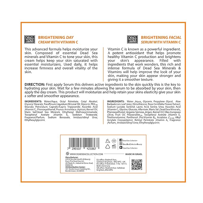 Dead Sea Collection Facial Vitamin C Kit - Day Cream (1.69fl.oz/50ml jar) & Facial Serum (1.69fl.oz/50ml bottle) - Pure Dead Sea Minerals - Anti-Wrinkle Hydration Smooth and Moisturized Skin-Velvo Beauty
