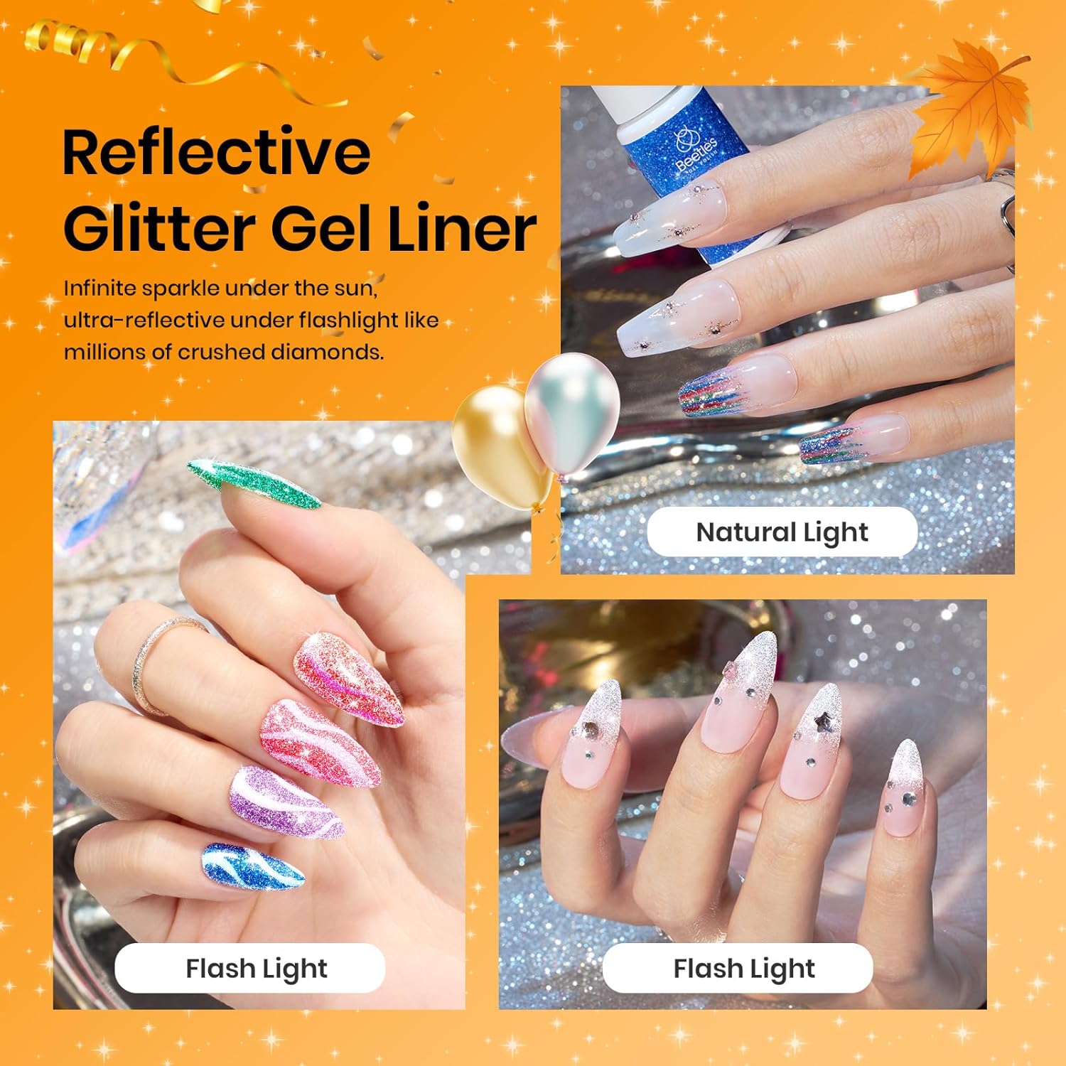 Beetles Nail Art Gel Liner Polish 12 Colors Reflective Glitter Gel Nail Polish, Gold Silver Pink Blue Purple Brown Black Kit Soak Off Uv Nail Art Design Set Summer Manicure Gifts for Women-Velvo Beauty