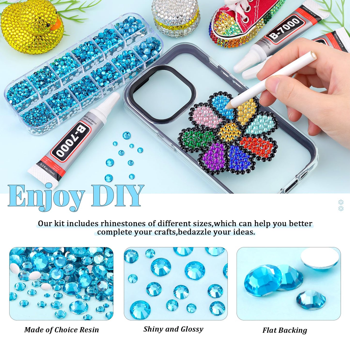 6000Pcs Resin Rhinestones for Bedazzling with 3Pcs B7000 Jewelry Glue, 1 Box Indicolite Flatback Rhinestones for Crafting Crafts DIY, Crystals Gems for Clothing Shoes Tumblers Nail Art Makeup-Velvo Beauty