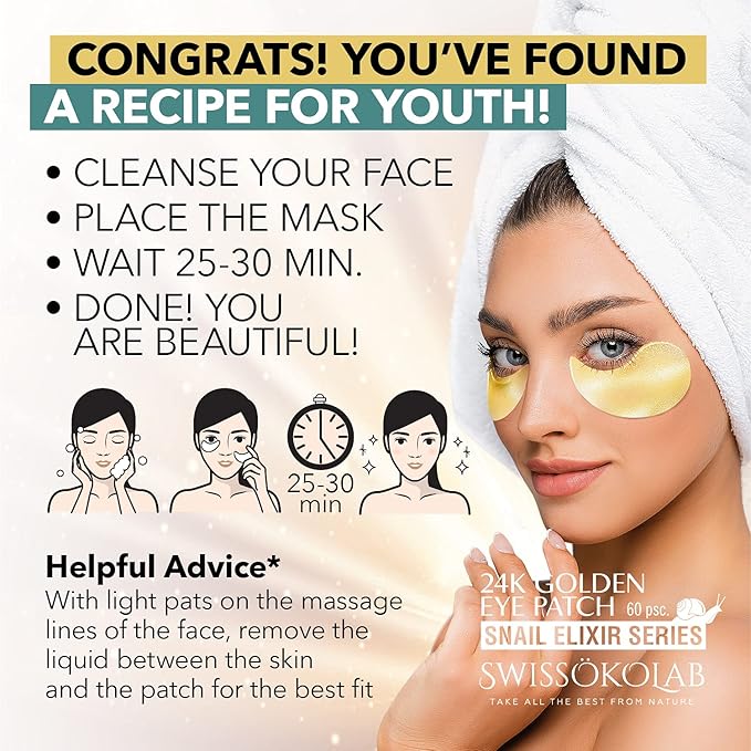 SWISSÖKOLAB Under Eye Patches For Puffy Eyes 24k Gold Eye Mask Dark Circles And Puffiness Collagen Eye Gel Pads Moisturizing & Reducing Wrinkles Anti-Aging Hyaluronic Acid (Snail Series)-Velvo Beauty