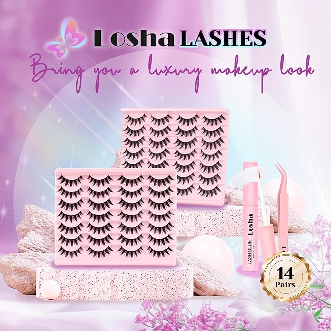 Losha Lashes Spiky Manga Lashes 14 Pairs Anime False Eyelashes 8D Wispy Eye Lashes Kit with Lash Glue and Lash Tweezers Natural Soft Fake Eyelashes (Cutes)-Velvo Beauty