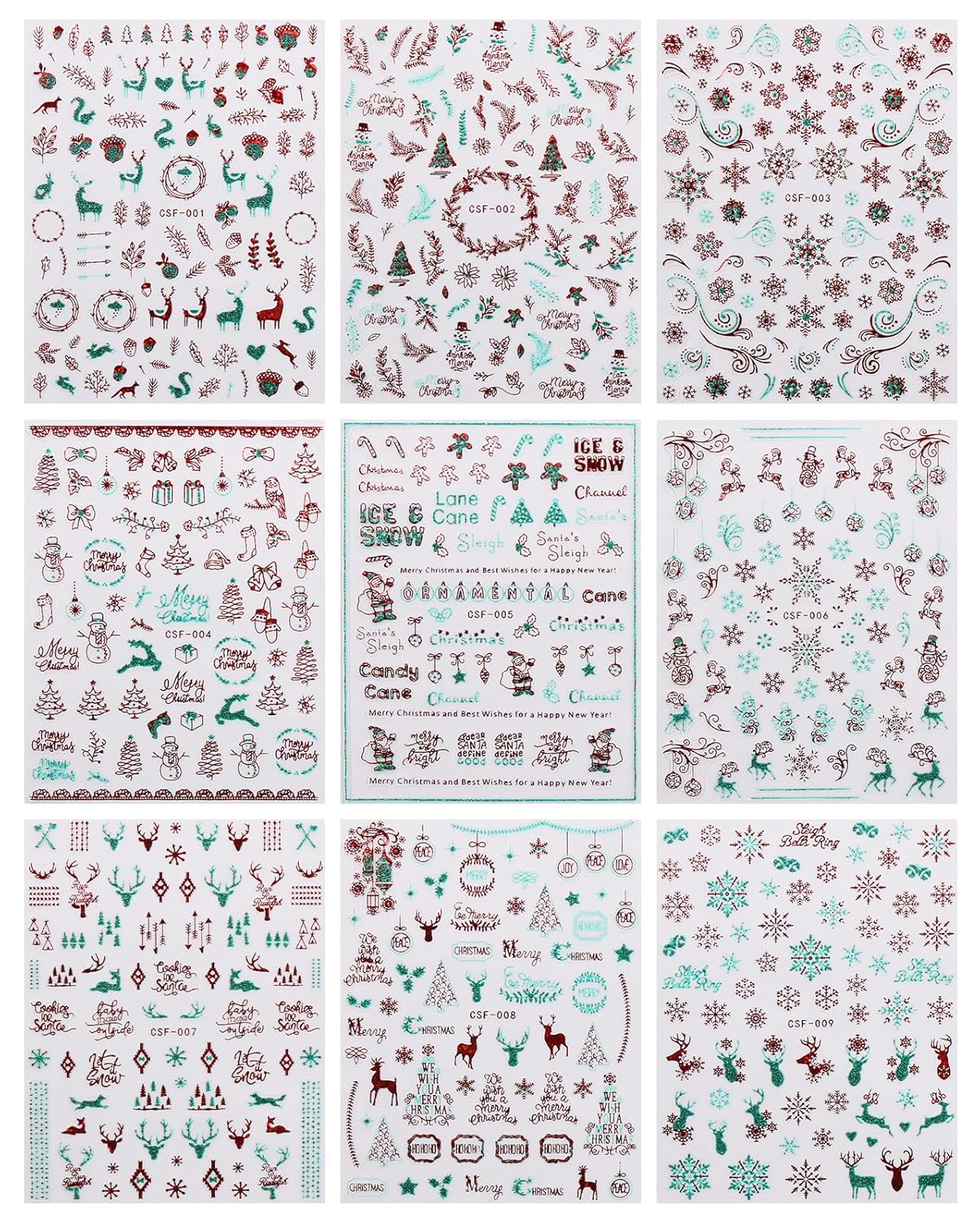 JMEOWIO 9 Sheets Christmas Glitter Nail Art Stickers Decals Self-Adhesive Green Red Snowflake Winter Holiday Nail Supplies Nail Art Design Decoration Accessories-Velvo Beauty