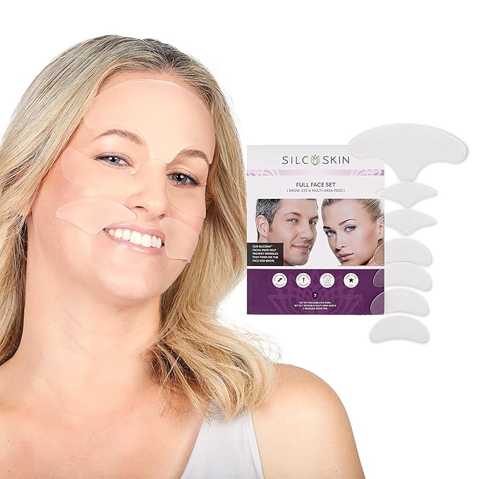 SilcSkin Full Face Set, Helps with Face & Brow Wrinkles from Sun Aging Side Sleeping, Reusable Self Adhesive Medical Grade Silicone, 1 Brow Pad, 4 Eye Pads, 2 Multi-Area Pads - 45 Day Supply-Velvo Beauty