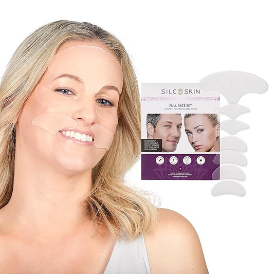 SilcSkin Full Face Set, Helps with Face & Brow Wrinkles from Sun Aging Side Sleeping, Reusable Self Adhesive Medical Grade Silicone, 1 Brow Pad, 4 Eye Pads, 2 Multi-Area Pads - 45 Day Supply-Velvo Beauty