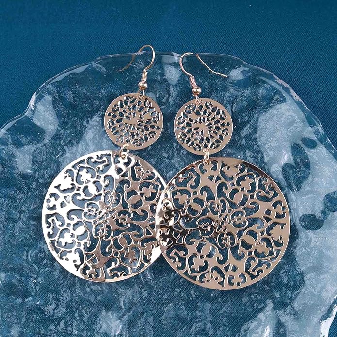 Filigree Hollow Disc Dangle Drop Earrings Boho Gold Ethnic Carved Flower Earrings Double Round Disc Drop Earrings Statement Hook Earrings Wedding Bridesmaid Jewelry for Women and Girls-Velvo Beauty