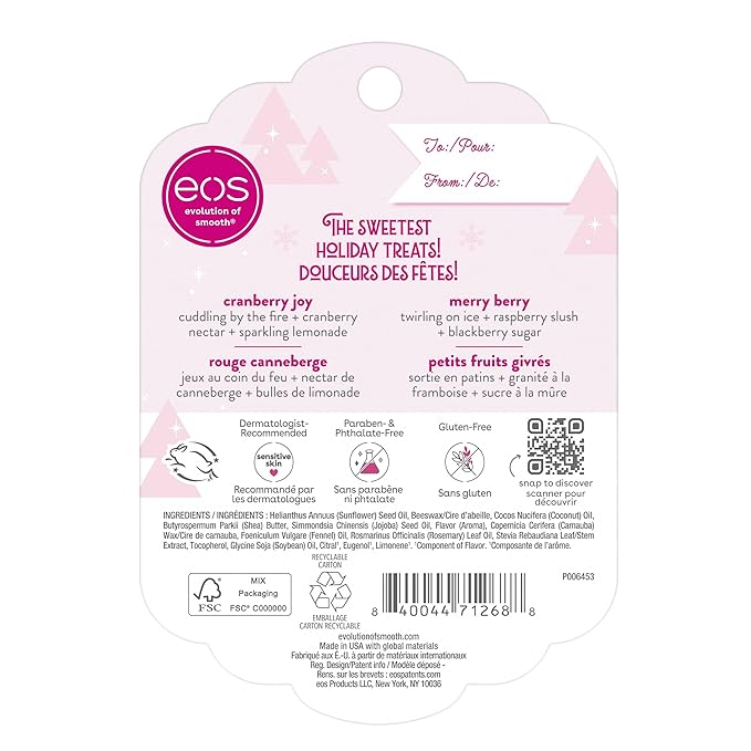 eos Holiday Lip Balm Gift- Cranberry Joy & Merry Berry, Stocking Stuffers, All-Day Moisture Lip Care, 0.14 oz, 2-Pack-Velvo Beauty