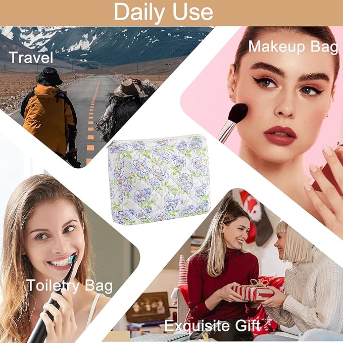 Makeup Bag Travel Cosmetic Bag for Women Girls, Zipper Make Up Pouch, Floral Flowers Toiletry Organizer Makeup, Portable Storage Bag, Cosmetic Travel Cloth Bag (L/Large Blue Flowers)-Velvo Beauty