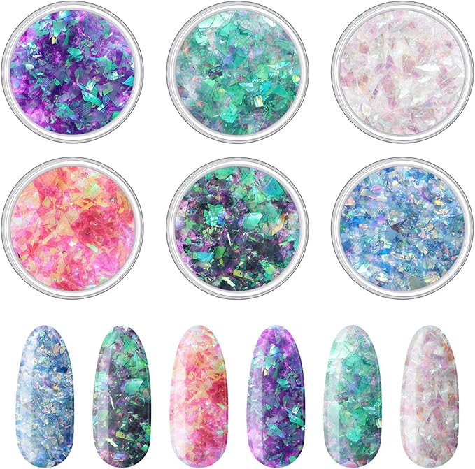 12 Boxes Mermaid Iridescent Chunky Glitter Flakes Chrome Nail Sequins Aurora Holographic Mermaid Nail Glitter Flakes Glitters Chunky Iridescent Flakes for Face Eyes Body Hair Nail Decoration-Velvo Beauty