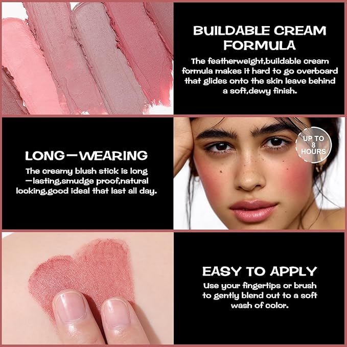 FOCALLURE Cream Blush Makeup,Buildable Blush Stick for Cheeks,Matte and Dewy Finish,Long Wearing,Easy Application,Lightweight Multi Stick,DARK ROSE-Velvo Beauty