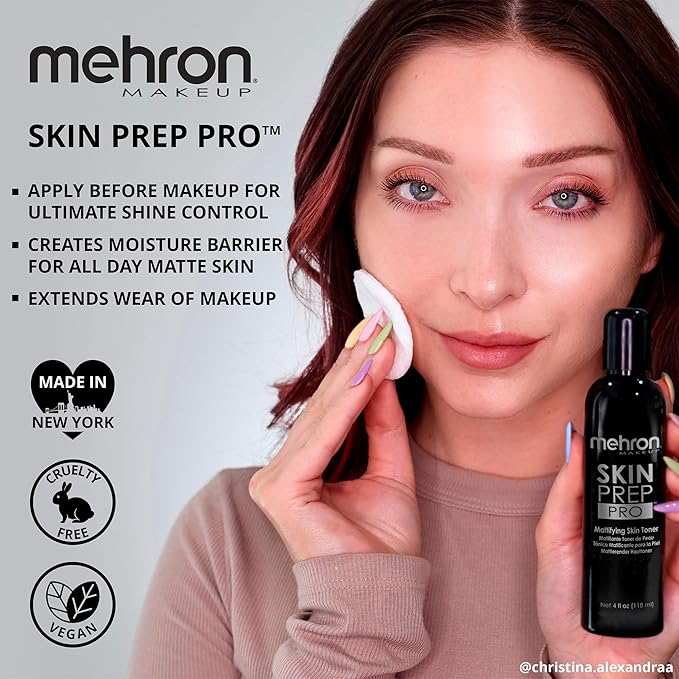 Mehron Makeup Skin Prep Pro Mattifying Skin Toner | Long Lasting Pre-Makeup Skin Primer 4 fl oz (120 ml)-Velvo Beauty