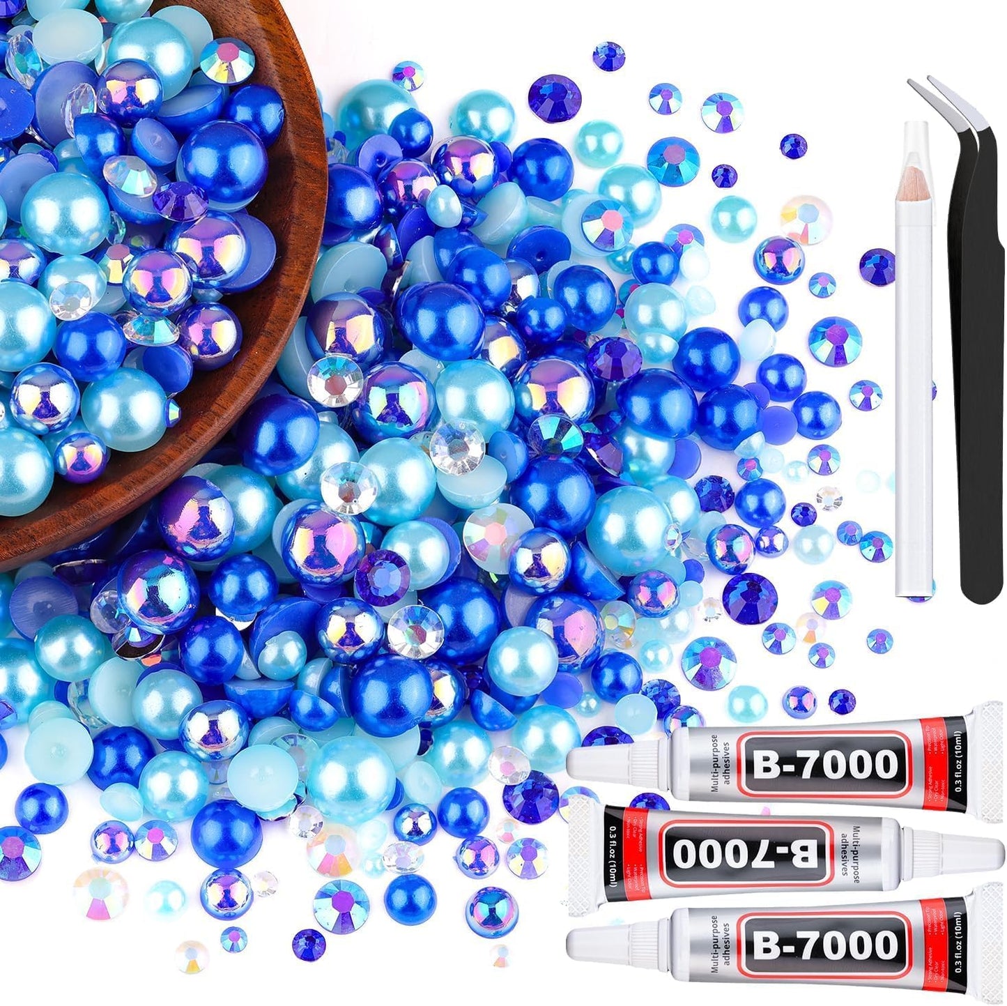 80g Flatback Pearls and Rhinestones for Crafting, Dark Blue 3-10mm Resin Rhinestones and Half Pearls for Bedazzling, Nail Art and Dec with 3pcs 10ml B7000 Jewelry Glue, Tweezer and Pickup Pencil-Velvo Beauty