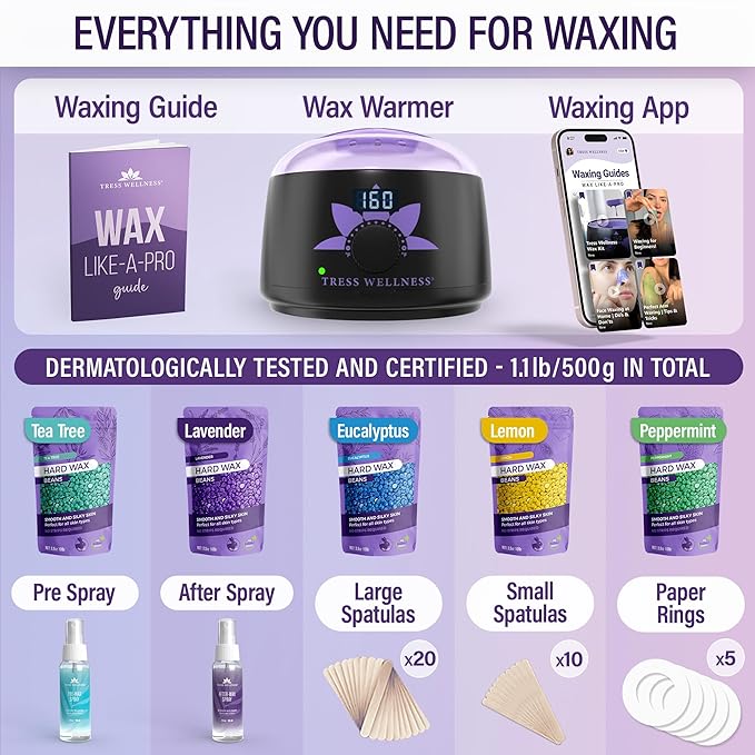 Tress Wellness Waxing Kit for Sensitive Skin – Safe for Face & Skin, Prep & Aftercare Spray, Easy to Use – At-Home Kit for Face, Bikini, Brazilian & Full Body - Digital Display, Black Purple Flower-Velvo Beauty
