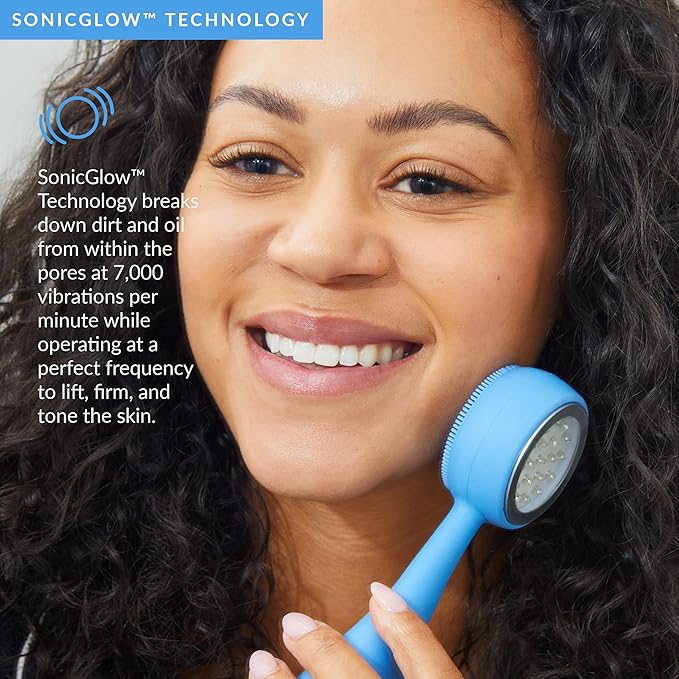 PMD Beauty Facial Cleansing Brush - Smart Silicone Brush with Blue Light Treatment - SonicGlow Vibration - Waterproof Device for Acne-Velvo Beauty