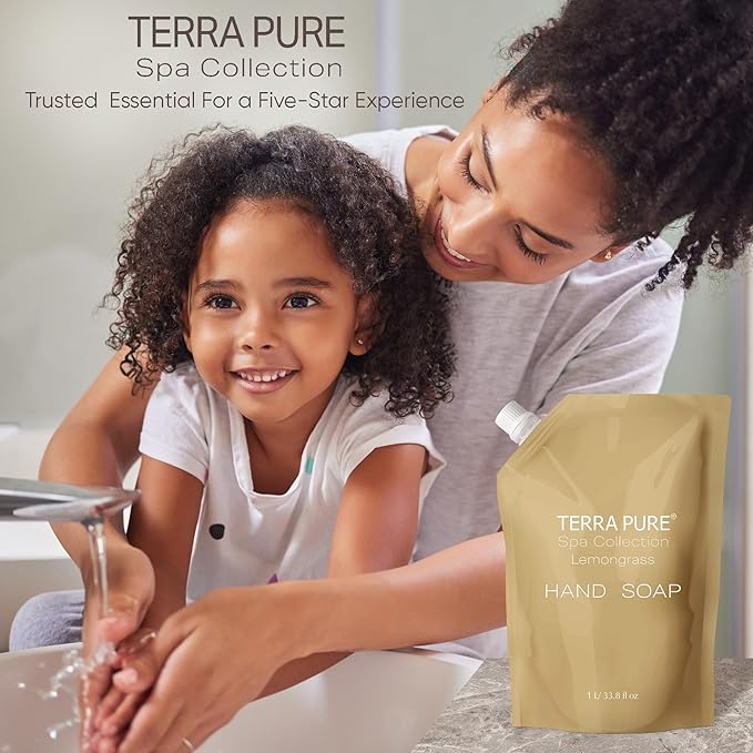 Terra Pure Spa Collection 1 Liter Hand Wash Refill Bag For Soap Dispensers | Bulk Toiletries for Vacation Rentals, and Home Bathroom Showers | Green Tea Lemongrass | Single-Velvo Beauty