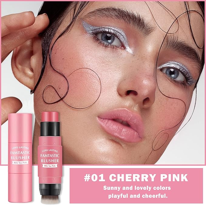Cream Blush Stick with Brush,Waterproof Blush Makeup,Long Lasting 3 In 1 Cheek Blush & Lip Tint & Eye Shadow Makeup Stick,Easy To Use Blends Effortlessly,Cream Blush Makeup for All Skin Tones - Cherry Pink-Velvo Beauty