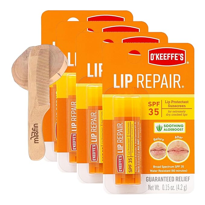O'Keeffe'S Lip Repair Lip Repair with SPF35, 015 oz - Ultimate SPF Lip Balm for All-Day Moisture, with Moofin Wooden Comb - for Dry Cracked Lips, Lip Balm Hydrating Quick Absorption for Smooth Lips,-Velvo Beauty