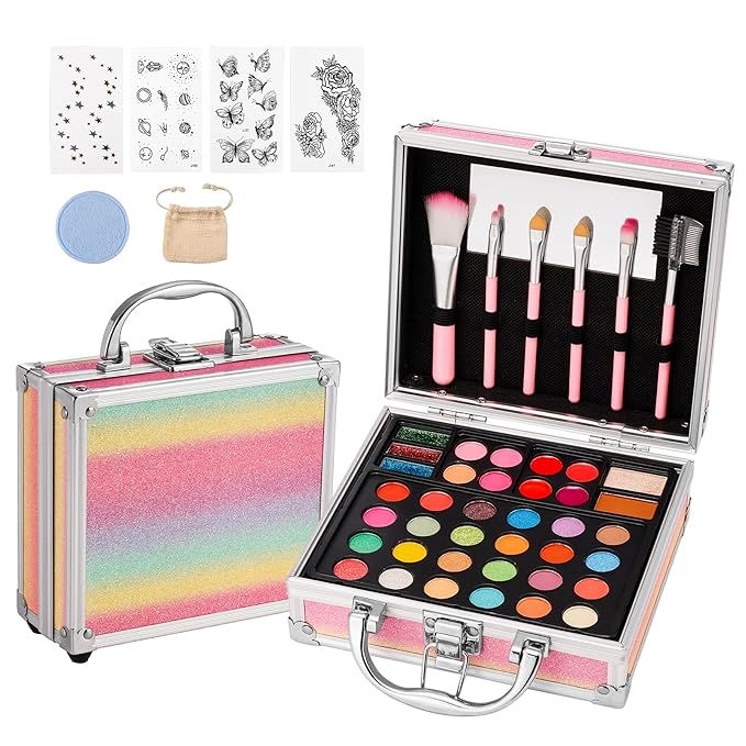 Anpro All-In-One Makeup Carry Case with Pro Teen Makeup Set, Full Starter Cosmetics Kit with Makeup Brushes, Eye Shadows Palette, Blushes, Glitter Gel, Temporary Tattoo Stickers - Colorful-Velvo Beauty