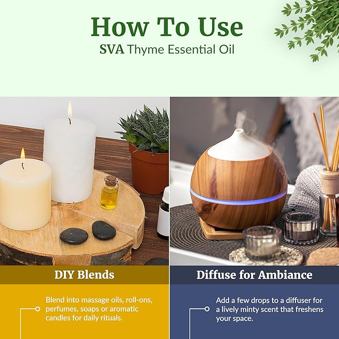 SVA Thyme Essential Oil – 4 Fl Oz – 100% Natural Thyme Oil - for Diffuser, Hair Care, Face, Skin Care, Aromatherapy, Scalp and Body Massage, Soap and Candle Making – with Dropper-Velvo Beauty