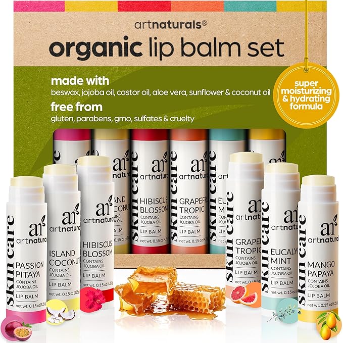 ArtNaturals Organic Beeswax Lip Balm Gift Set - Assorted Flavors with Aloe, Coconut & Jojoba Oils-Velvo Beauty