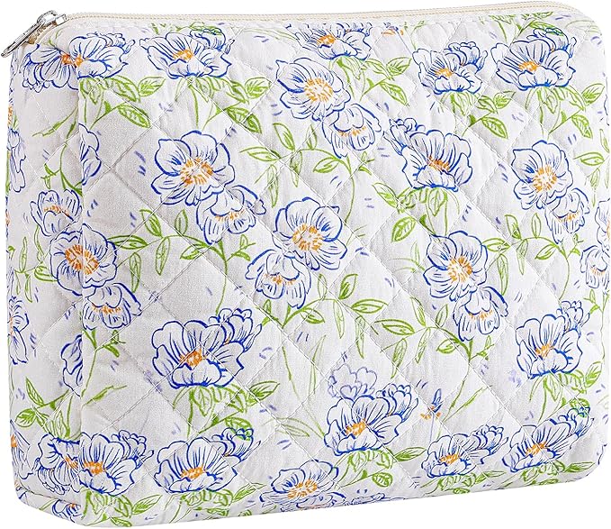 Makeup Bag Travel Cosmetic Bag for Women Girls, Zipper Make Up Pouch, Floral Flowers Toiletry Organizer Makeup, Portable Storage Bag, Cosmetic Travel Cloth Bag (L/Large Blue Flowers)-Velvo Beauty
