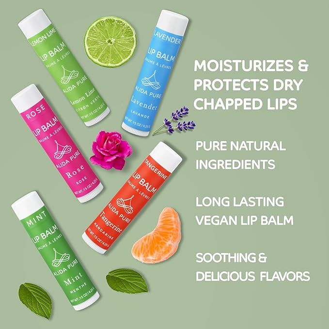 Aria Lip Balm Collection, Vegan Lip Balm Set, Beeswax Free, with Avocado Oil, Organic Jojoba Oil, and Vitamin E, Natural Moisturizer for Dry, Chapped Lips, 5 Tube Set-Velvo Beauty