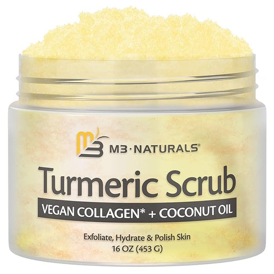 Exfoliating Turmeric Scrub and Skin Exfoliator with Collagen and Coconut Oil, Gently Exfoliates Face, Body, Hands, and Feet, Moisturizing Skincare, 16 oz by M3 Naturals-Velvo Beauty