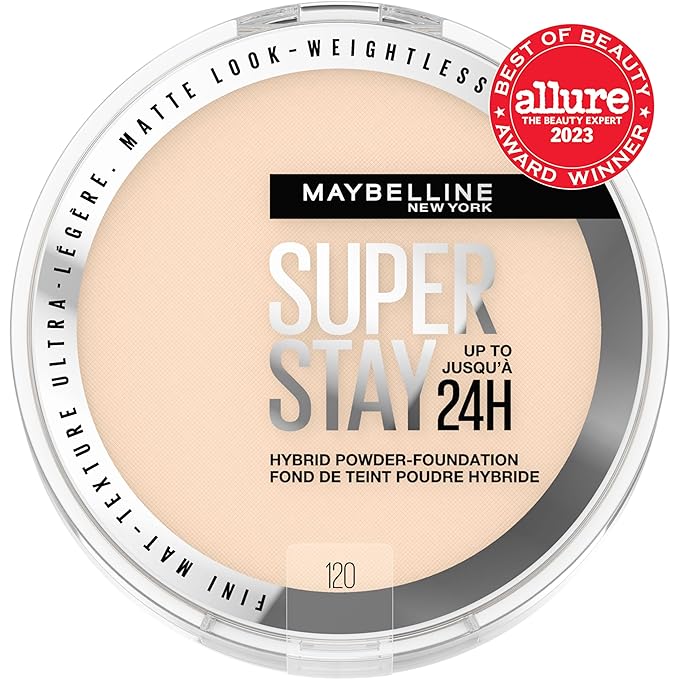 Maybelline Super Stay Up to 24HR Hybrid Powder-Foundation, Medium-to-Full Coverage Makeup, Matte Finish, 120, 1 Count-Velvo Beauty