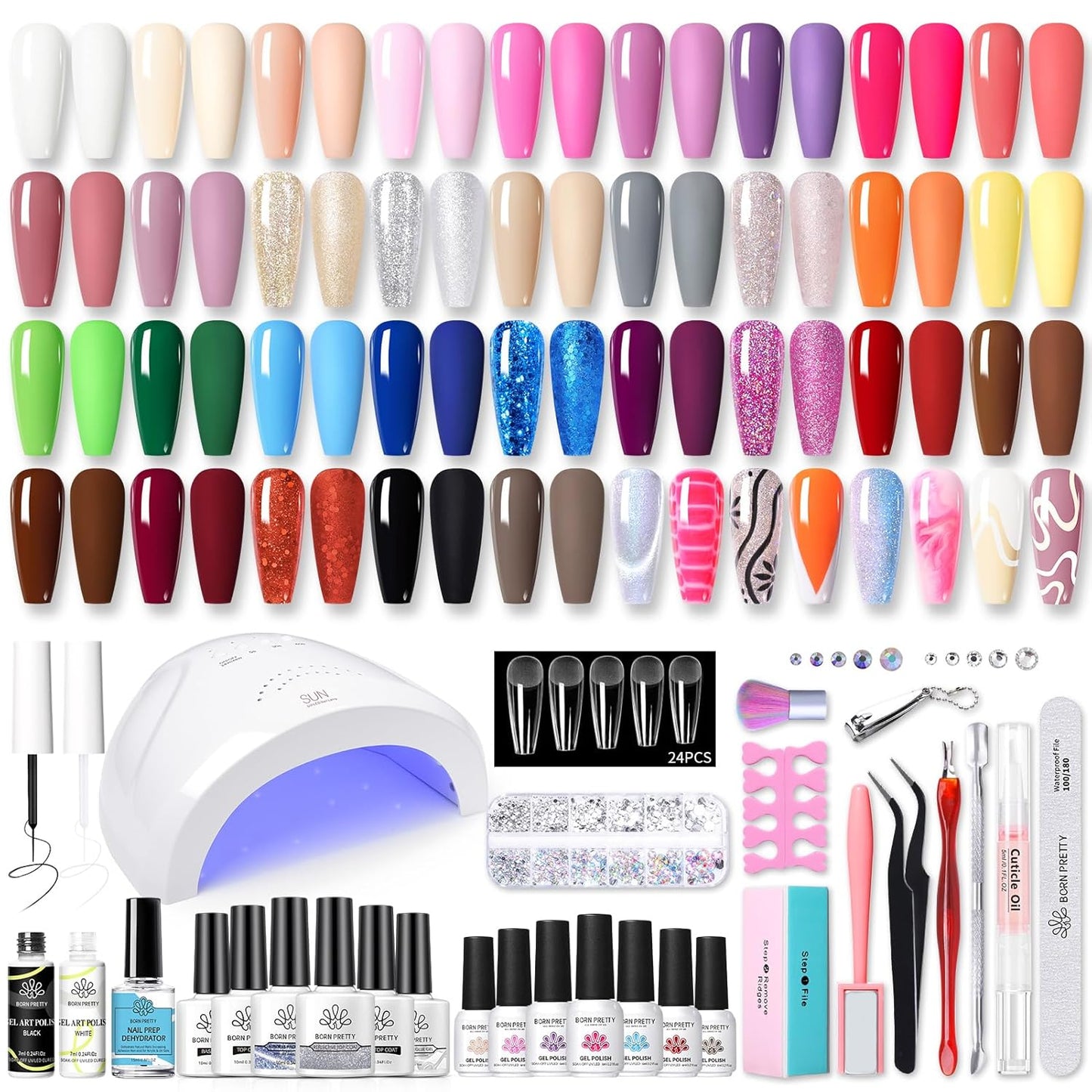 BORN PRETTY 77PCS Gel Nail Polish Starter Kit With U V/LED kit for Beginners 48W 32Colors Nude Pink Cat Magnetic Eyes Glitter Set Reflective Base Top Coat Liner Art Manicure Ideal Gifts-Velvo Beauty