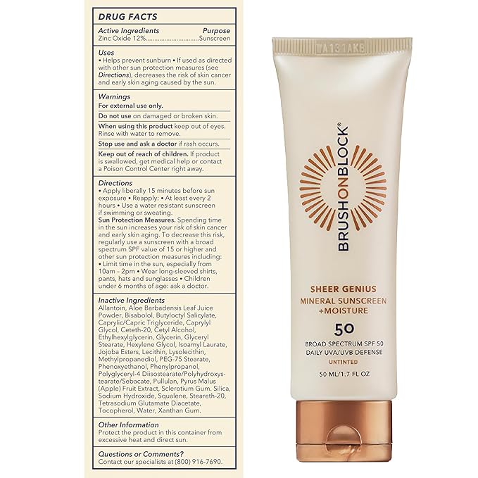 Brush On Block Untinted Mineral Sunscreen SPF 50 for Face | Broad Spectrum, Hyaluronic Acid, Sheer & Non-Greasy Moisturizer for Sensitive Skin, Zinc Oxide Sunscreen, P++++, Made in USA-Velvo Beauty