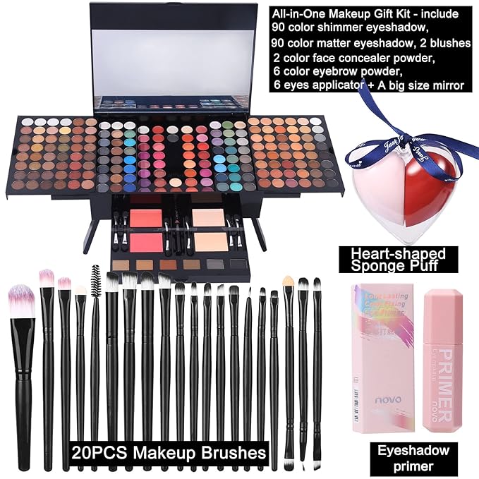 Makeup Gift Sets For Women - 190 Colors Makeup Palette Include Eyeshadow, Blushes, Eyebrow Powder,Eye Pencil,Mirror+20Pcs Makeup Brushes+Eyeshadow Primer+2Pcs Sponge Puff Make Up Set (Makeup Set A)-Velvo Beauty