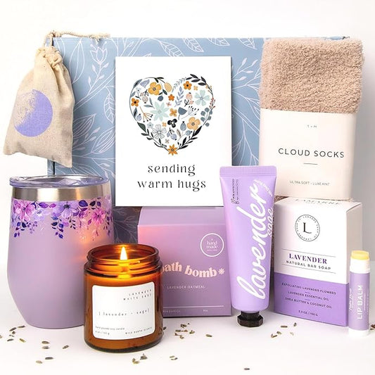 Unboxme Lavender Spa Gift Basket For Women - Relaxation Gifts I Self Care Package with Lavender Scented Candle, Wine Tumbler, Bath Bomb, Soap, Socks, Hand Cream & Bonus Card | Sympathy Gift-Velvo Beauty