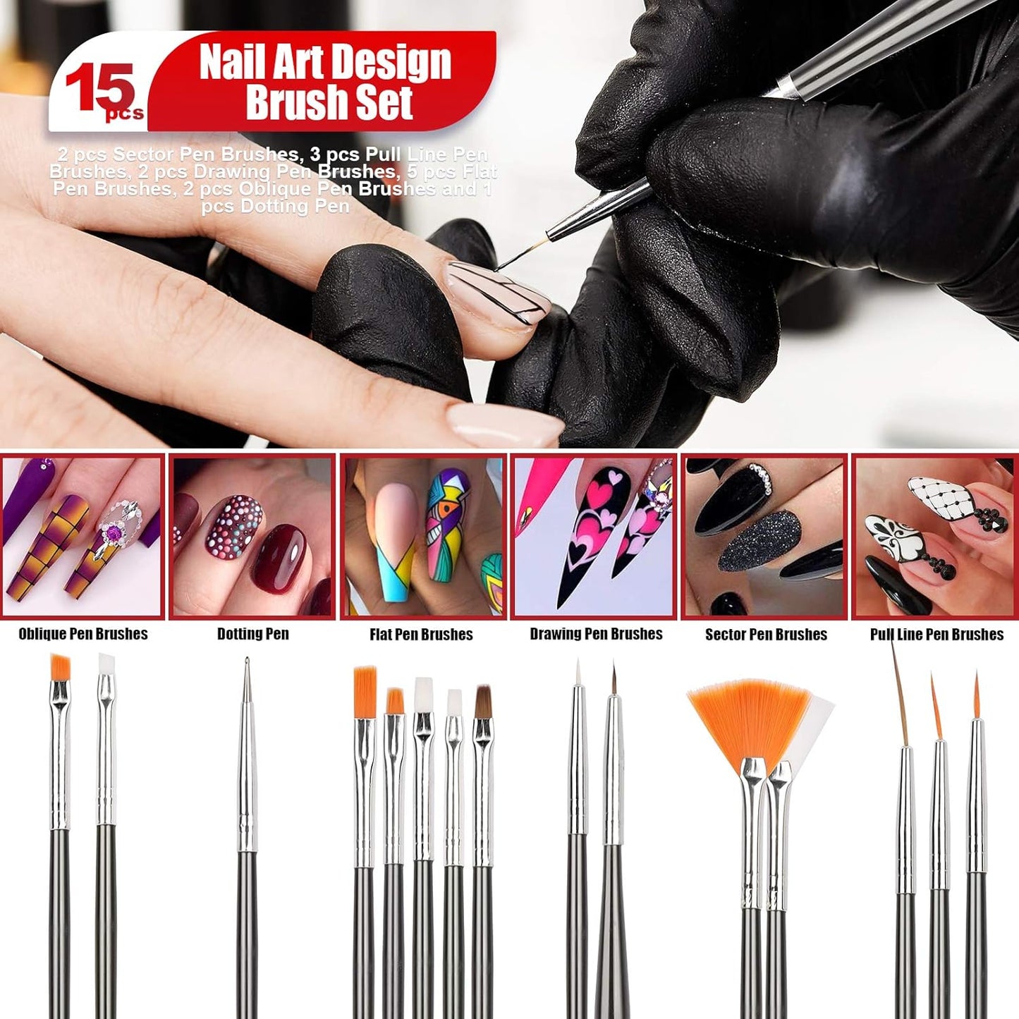 Teenitor Nail Pen Designer,Stamp Nail Art Tool with 15pcs Nail Painting Brushes, Nail Dotting Tool, Nail Foil, Manicure Tape, Color Rhinestones for Nails-Black-Velvo Beauty