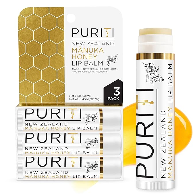 PURITI Manuka Honey Lip Balm – 3pack Soothing & Moisturizing, Enriched with Almond, Jojoba, Macadamia Oils, Cocoa Butter, Hydrating for Dry & Chapped Lips, 100% Genuine New Zealand Manuka Honey-Velvo Beauty