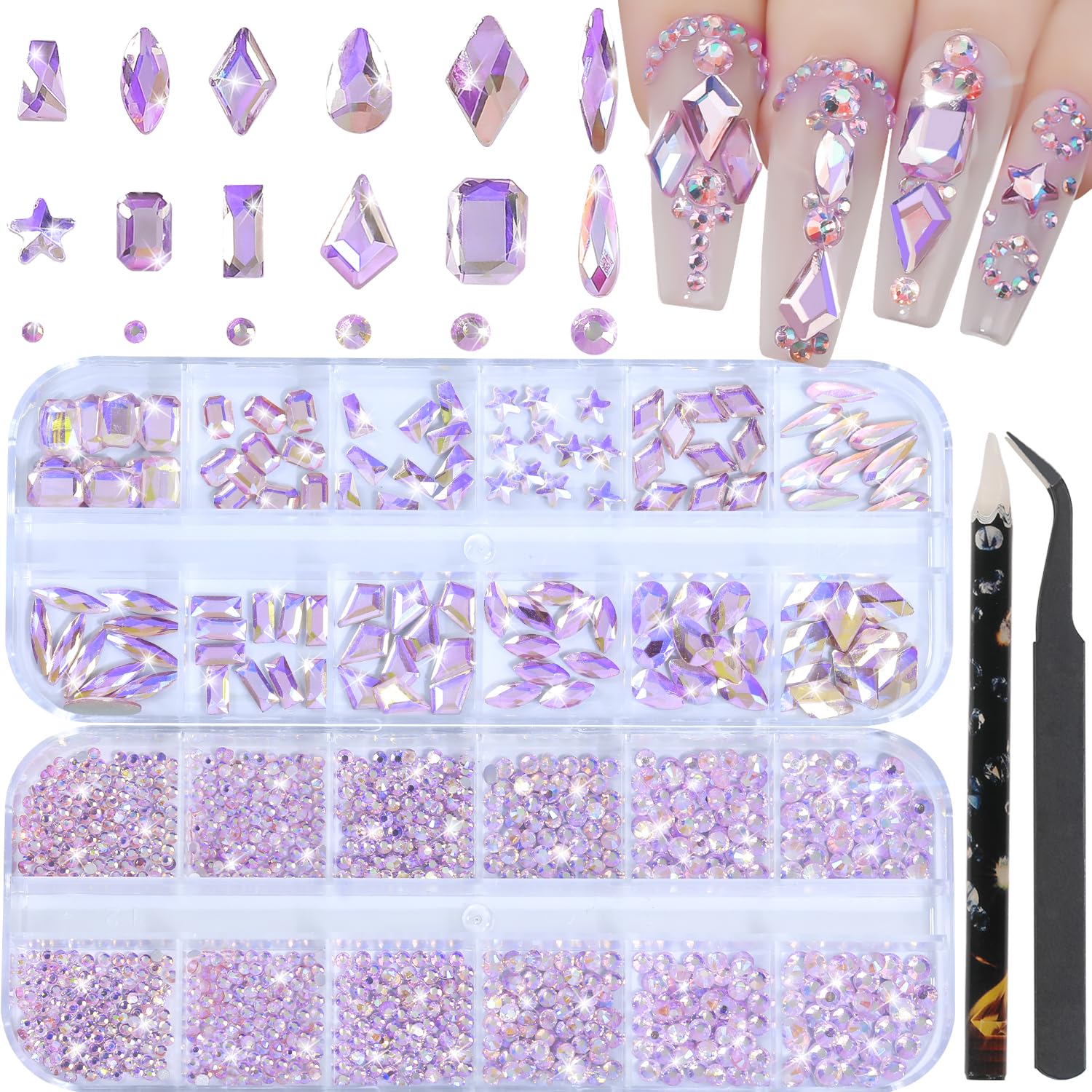 HNUIX Nail Rhinestones - 1600pcs 3D Multi Shape Size Crystal, Pink AB Nail Gems, Flat Back, with Kit, for Nail Art, DIY Decorations-Velvo Beauty