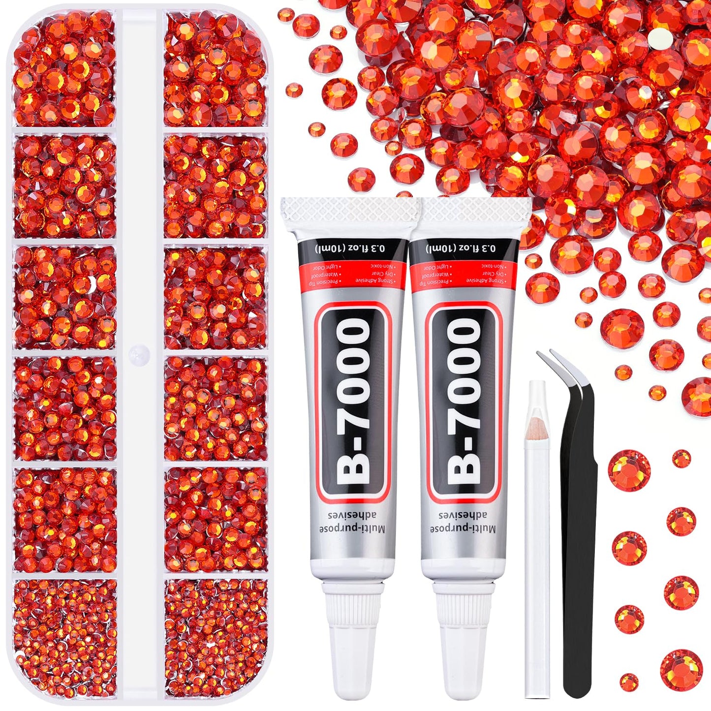 6100Pcs Resin Rhinestones for Crafting with 2Pcs 10ml B7000 Jewelry Glue, 1 Box Flatback Crystals Diamond (Red Zircon) for Bedazzling Crafts DIY Nail Art，Non Hotfix Gems for Clothing Shoes Tumblers-Velvo Beauty