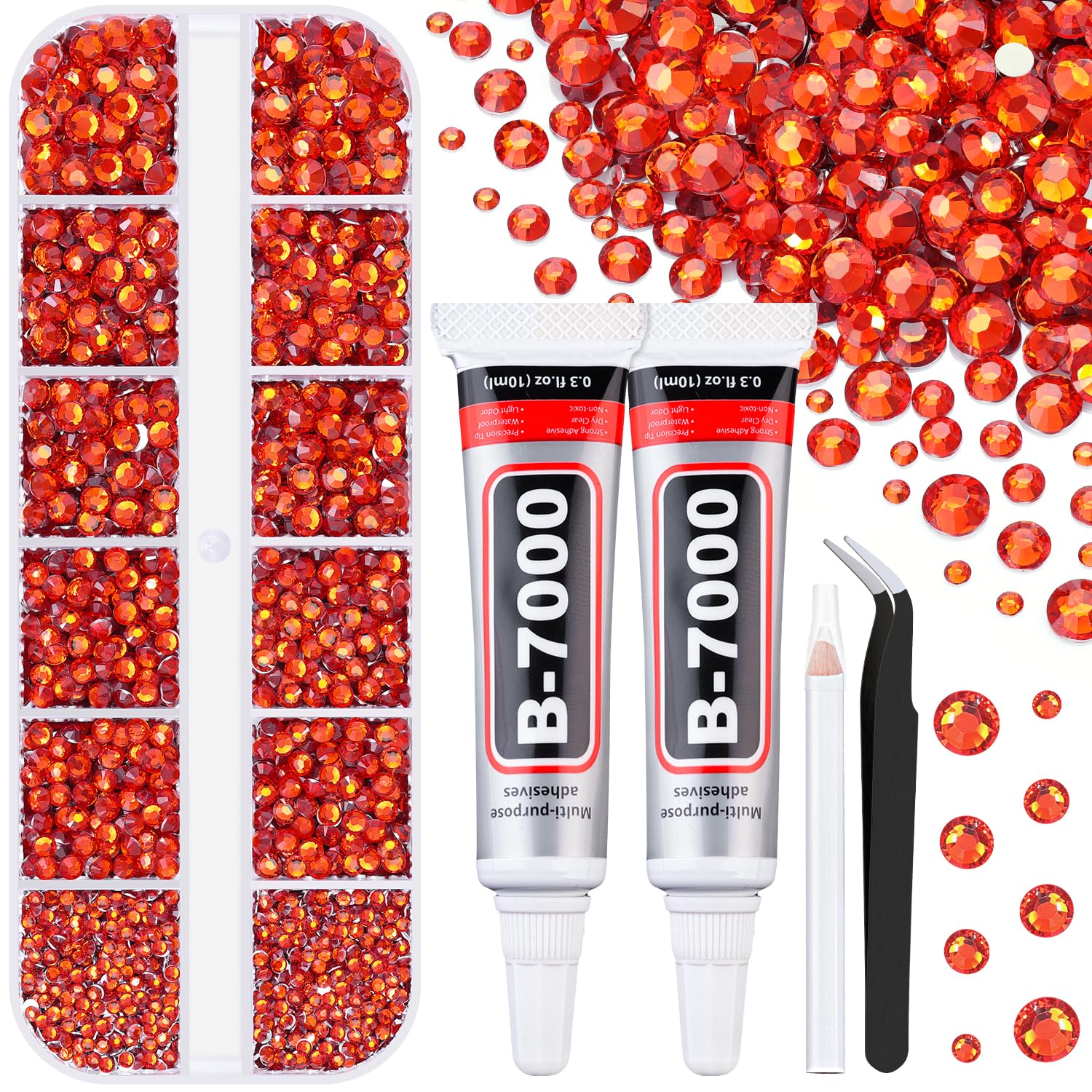 6100Pcs Resin Rhinestones for Crafting with 2Pcs 10ml B7000 Jewelry Glue, 1 Box Flatback Crystals Diamond (Red Zircon) for Bedazzling Crafts DIY Nail Art，Non Hotfix Gems for Clothing Shoes Tumblers-Velvo Beauty