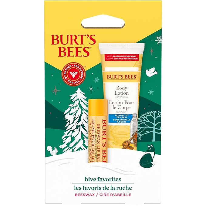 Burt's Bees Hive Favorites Beeswax Holiday Gift Set, Beeswax Lip Balm and Travel Size Body Lotion with Milk and Honey-Velvo Beauty