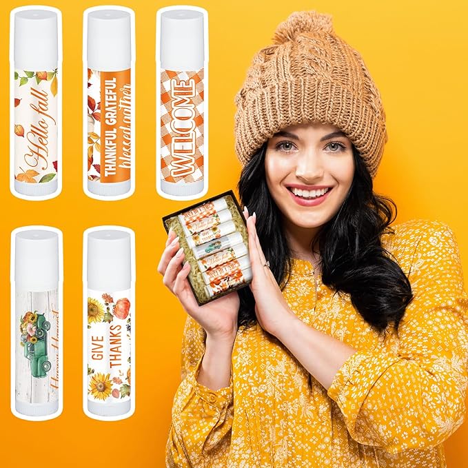 50 Pack Hello Fall Thanksgiving Party Gifts Favors Bulk Lip Balms Gifts Small Thank You Appreciation Gifts Thanksgiving Christmas Stuffers for Women Men Staff Coworkers-Velvo Beauty