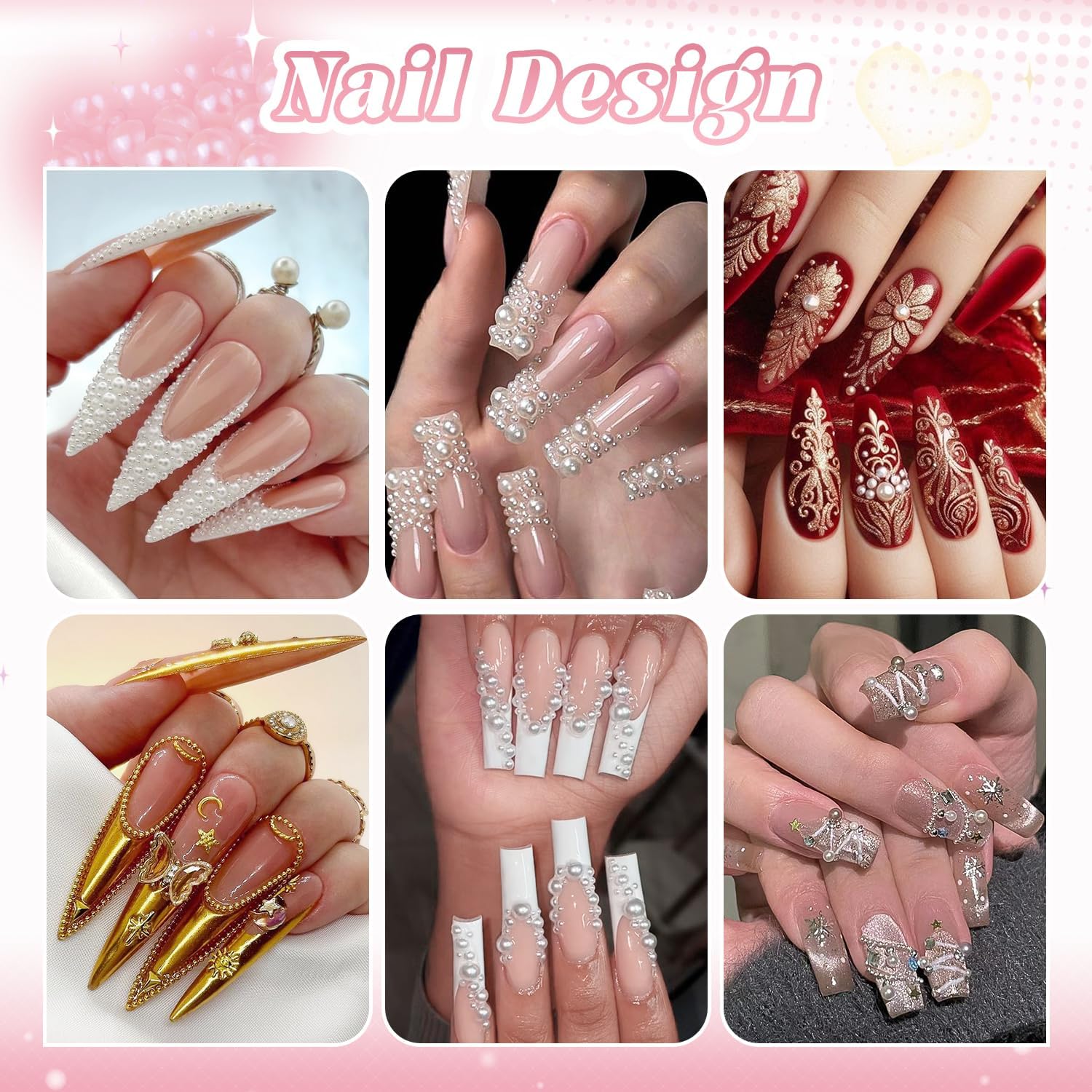 2 Boxes Flatback Pearls (White+Beige) And Metal Nail Beads (Silver+Gold) For Nail Art, Luxurious Pearl Nail Charms and Gems and Small Round Caviar Beads Nail Accessories For Acrylic Nail Tips Manicure-Velvo Beauty