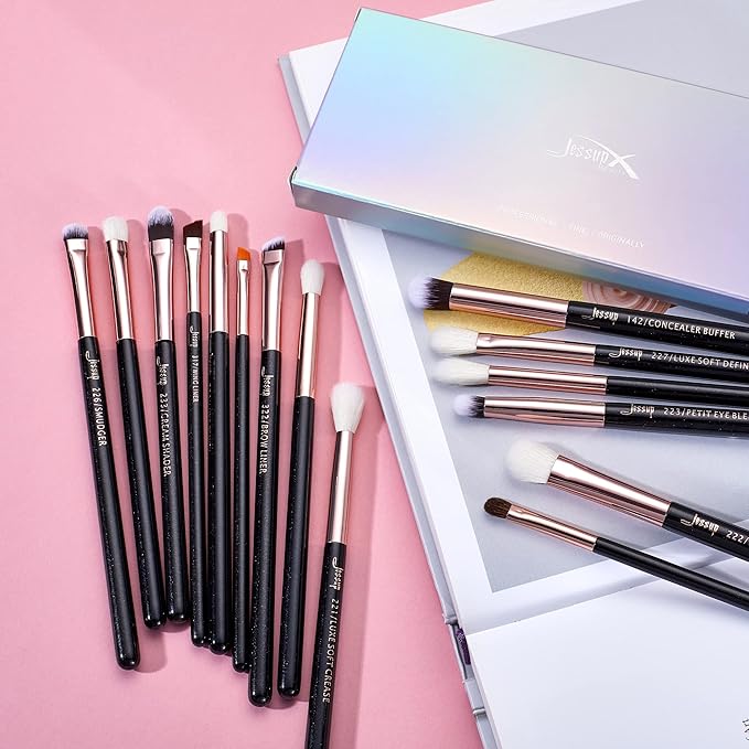 Jessup 15Pcs Professional Makeup Brushes Set Make up Brush Tools kit Eye Liner Shader Wood Handle Natural-synthetic Hair Brushes Pearl Black/Rose Gold T157-Velvo Beauty