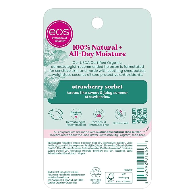 eos 100% Natural & Organic Lip Balm- Strawberry Sorbet, Dermatologist Recommended for Sensitive Skin, All-Day Moisture, 0.14 oz, 2 Pack-Velvo Beauty