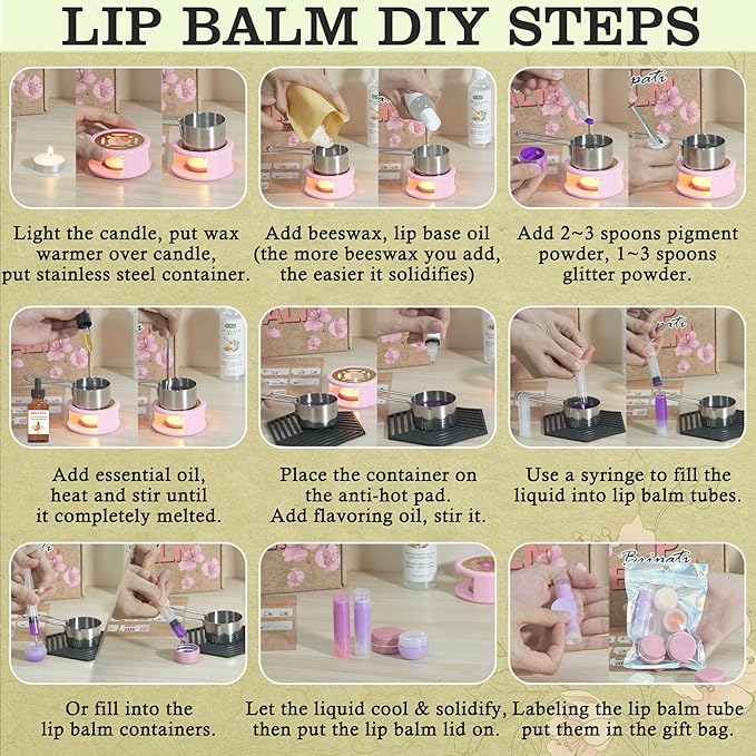 Lip Balm Making Kit - DIY Lip Gloss Kit to Make Your Own Lip Balm with Natural Beeswax, Lip Base Oil, Essential Oil, Tubes, Jars Lip Balm Craft Kit For Adults Girls Moisturizing Lip Care Kit-Velvo Beauty
