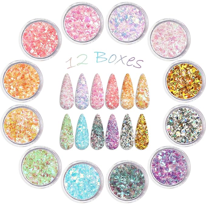Allstarry 12 Colors Mermaid Nail Chunky Glitter Ultra-Thin Fluorescent Glass Paper Irregular Iridescent Sequin Flakes Glitters Sticker for Nails Art Decoration Hair Eyes Face Body DIY Craft-Velvo Beauty