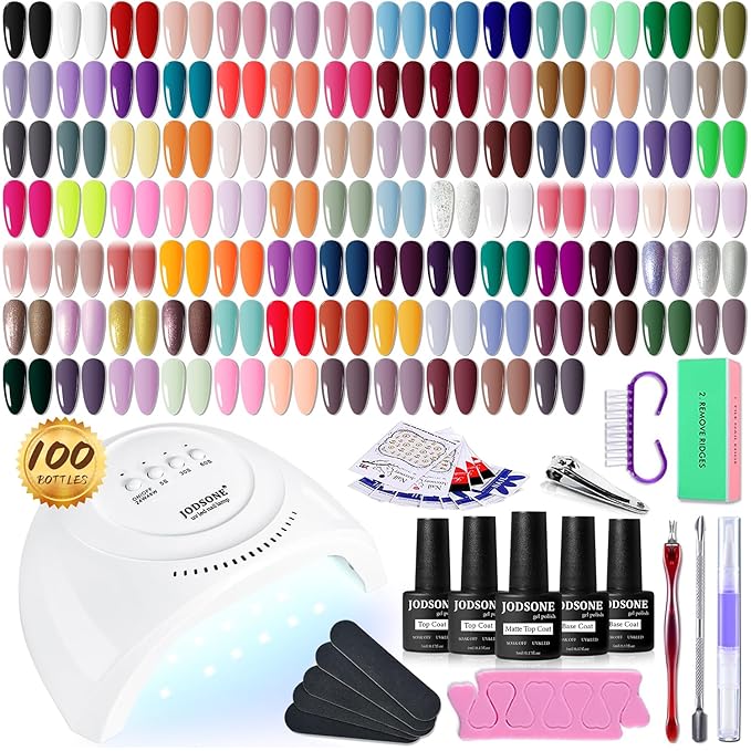 JODSONE 100 Bottles of Gel Nail Polish Kit with U V Led Light 95 Multiple Glossy Glitter Colors Mint Green Light Pink Nail Gel Base Coat Glossy and Matte Top Coat Gel Polish Kit-Velvo Beauty