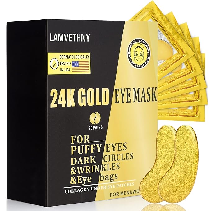 Eye Mask Under Eye Patches (20 Pairs) 24K Golden Under Eye Masks Hyaluronic Acid Eye Patches for Dark Circles and Puffiness, Reduce Wrinkles and Fine Lines Under Eye Area - Gold-Velvo Beauty